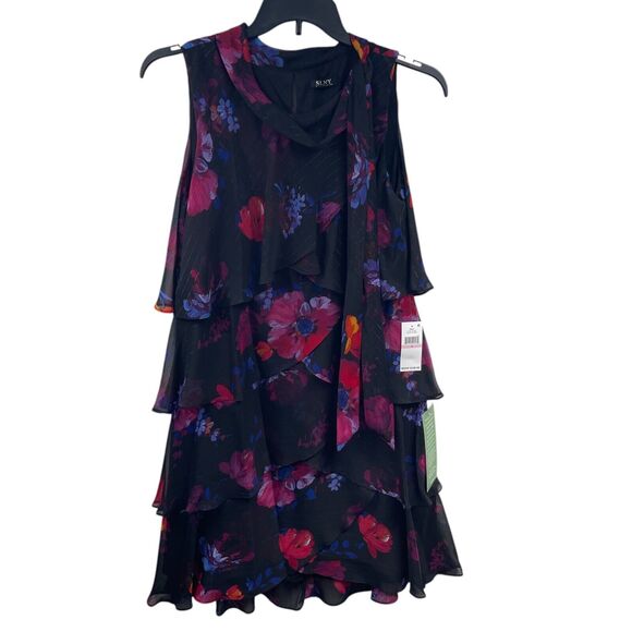 S.L. Fashions Tiered Cocktail Party Sheath Dress 16 Ruffled Black Floral Fairy - Picture 4 of 6